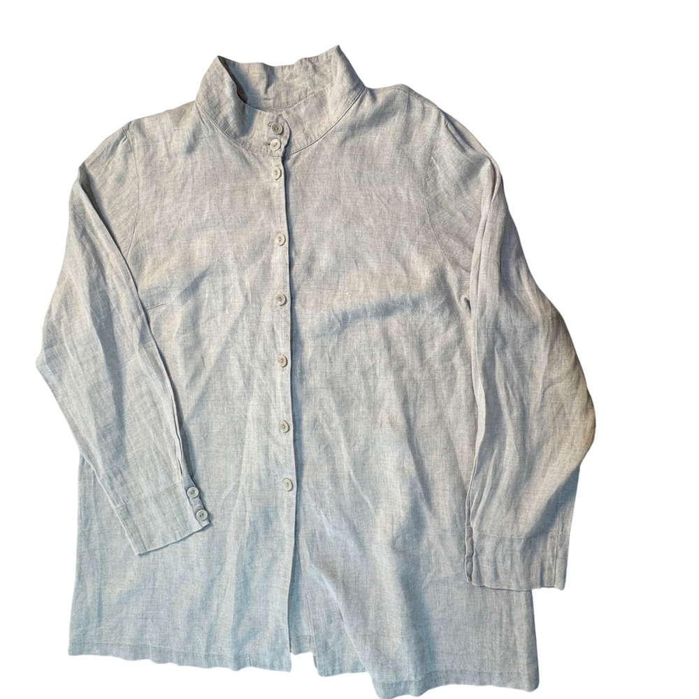 FLAX‎ Womens Medium 100% Linen Mandarin Collar Button Down Tunic Shirt Beige - Picture 10 of 11